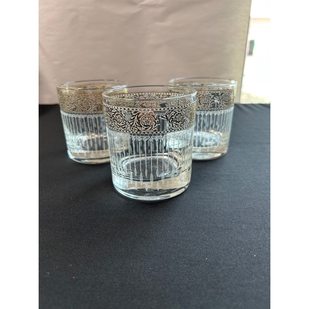 Three set MCM Culver Tyrol 22k gold scroll etched lowball old-fashioned glasses